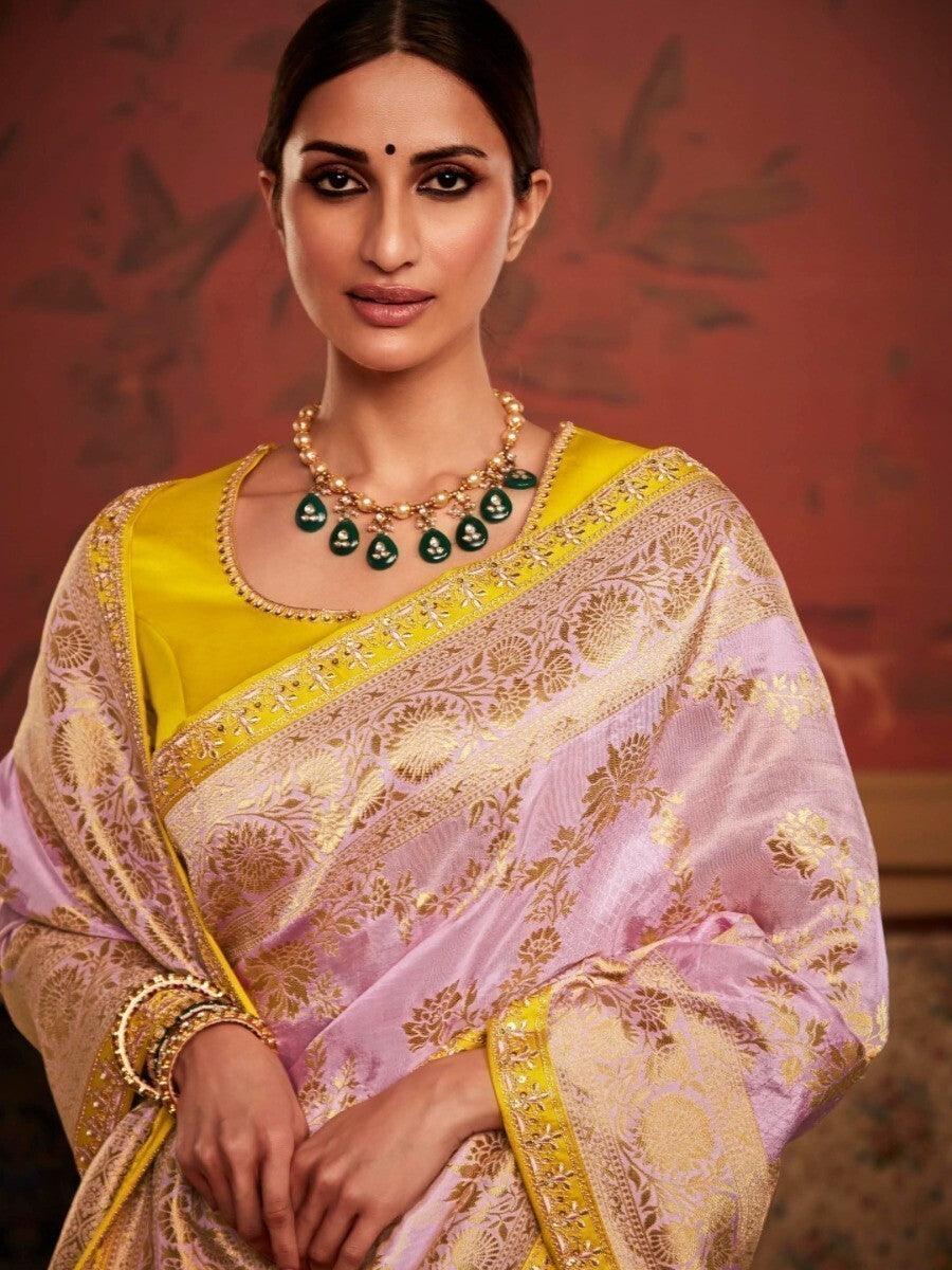 Delightful Lavender Woven Silk Event Wear Saree With Blouse