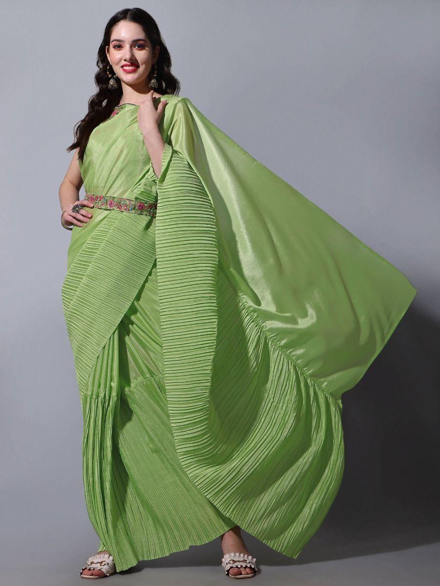 Gorgeous Light Green Chinon Crushed Saree With Embroidered Blouse