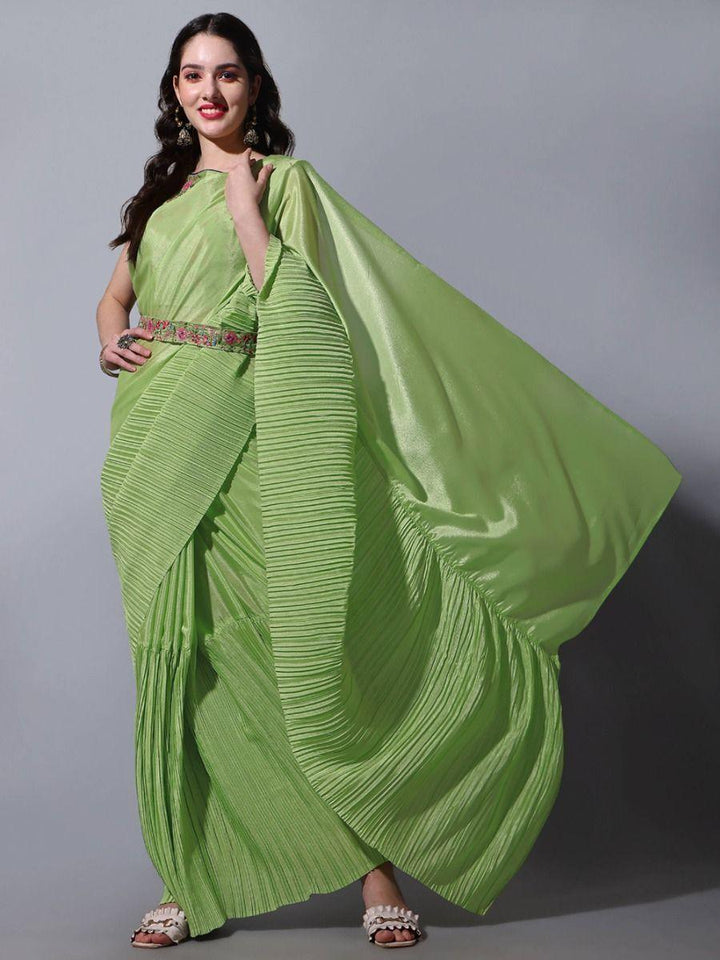Gorgeous Light Green Chinon Crushed Saree With Embroidered Blouse