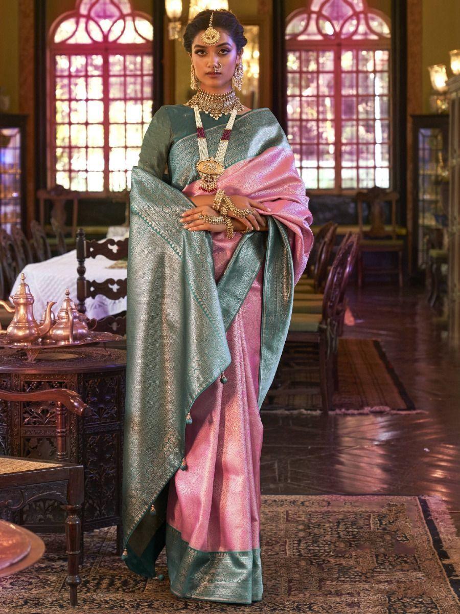 Beautiful Pink Zari Woven Kanjivaram Silk Reception Wear Saree