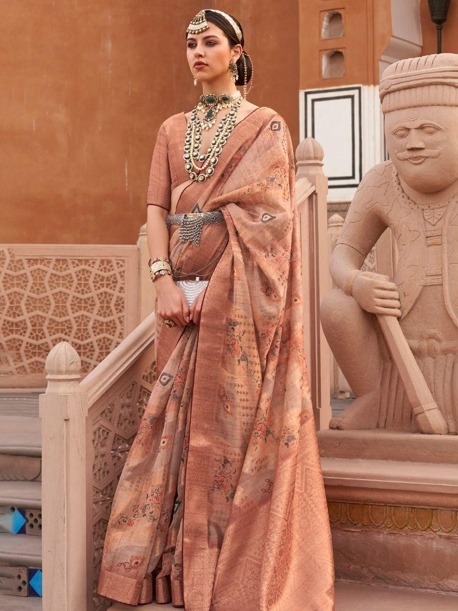 Enchanting Peach Zari Weaving Organza Saree With Blouse