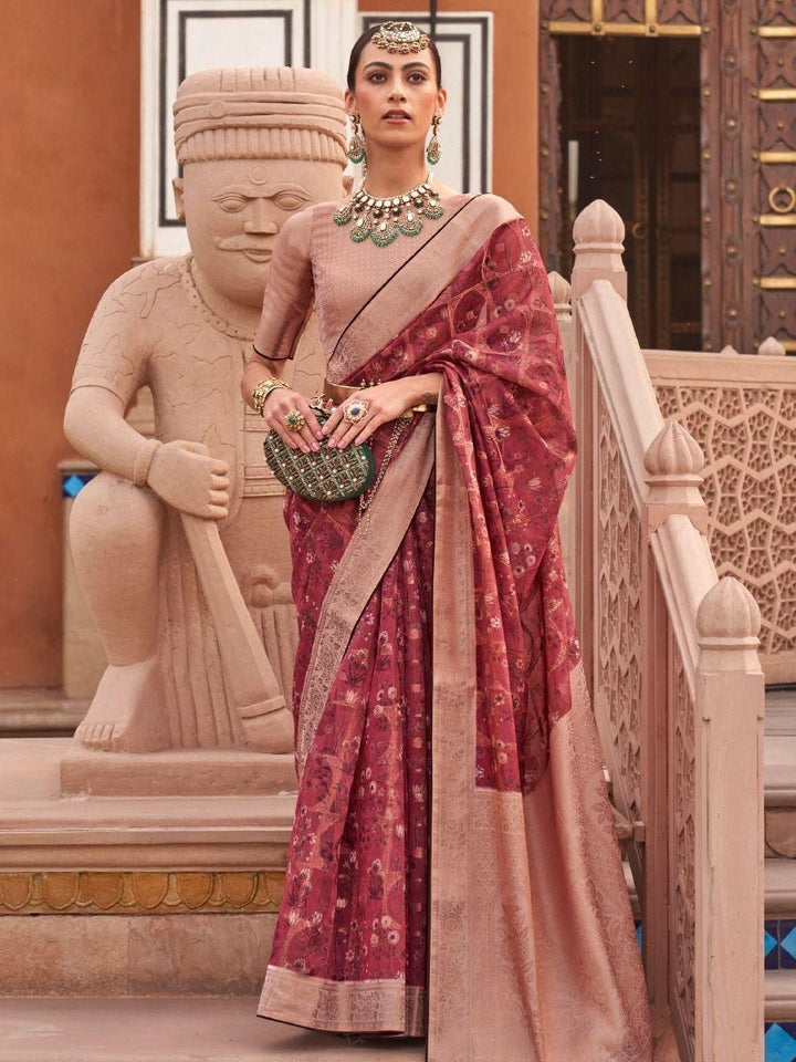 Ravishing Maroon Floral Printed Organza Saree With Blouse