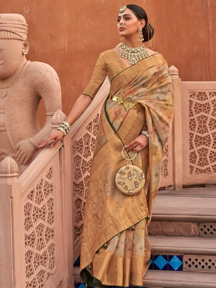 Stunning Beige Zari Weaving Organza Saree With Blouse