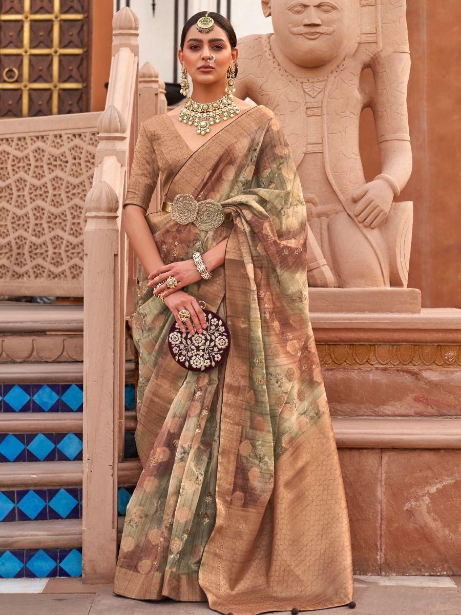 Exquisite Sage Green Digital Printed Organza Saree With Blouse
