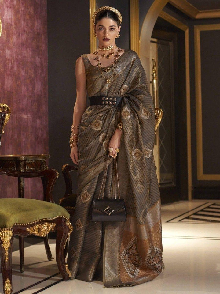 Astonishing Brown Zari Weaving Silk Traditional Saree With Blouse