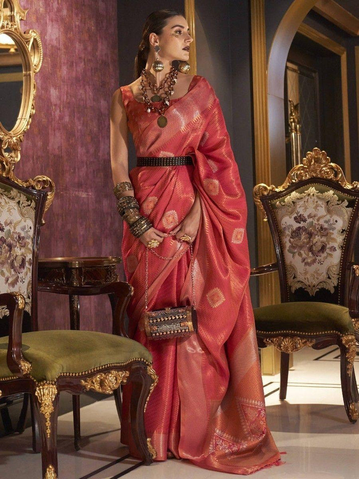 Wonderful Pink Zari Weaving Silk Wedding Wear Saree With Blouse