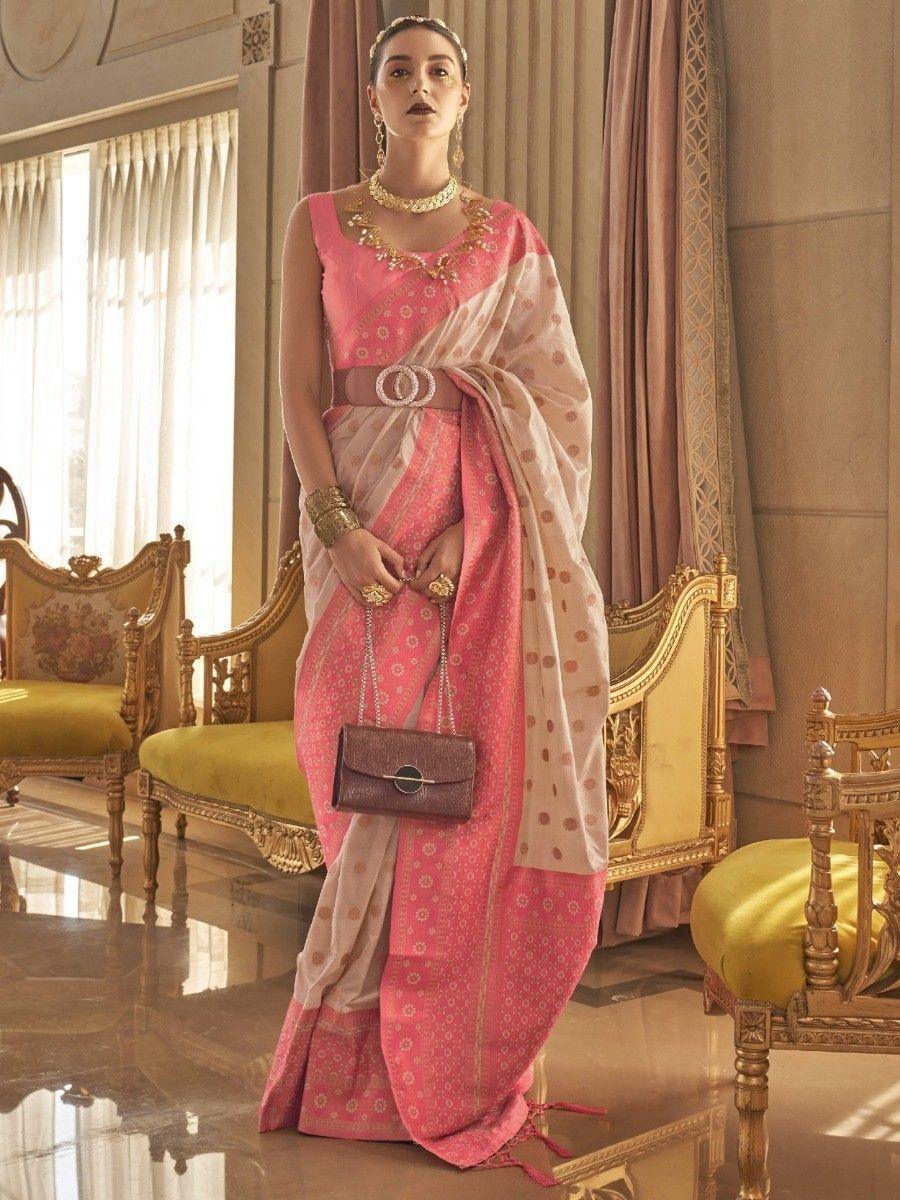 Beautiful Coral Pink Zari Woven Silk Festival Wear Saree With Blouse