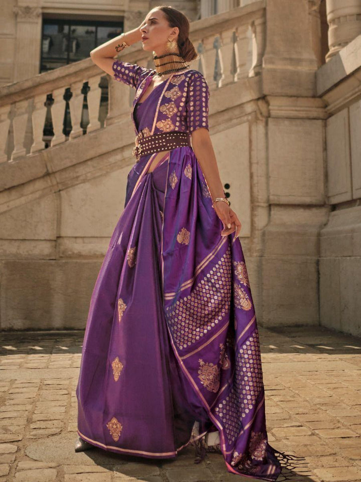 Tantalizing Purple Woven Satin Function Wear Saree With Blouse