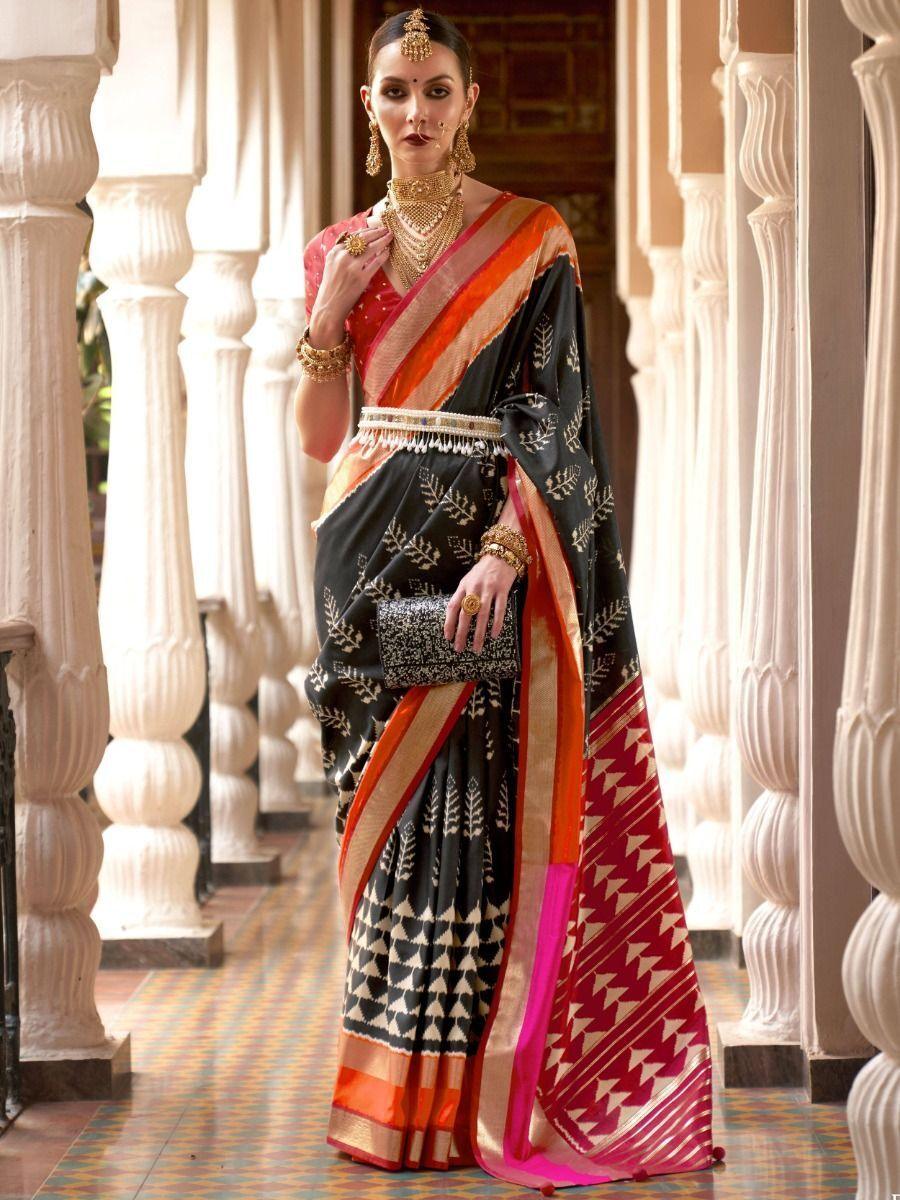 Gloumers Grey Digital Printed Patola Silk Festive Wear Saree