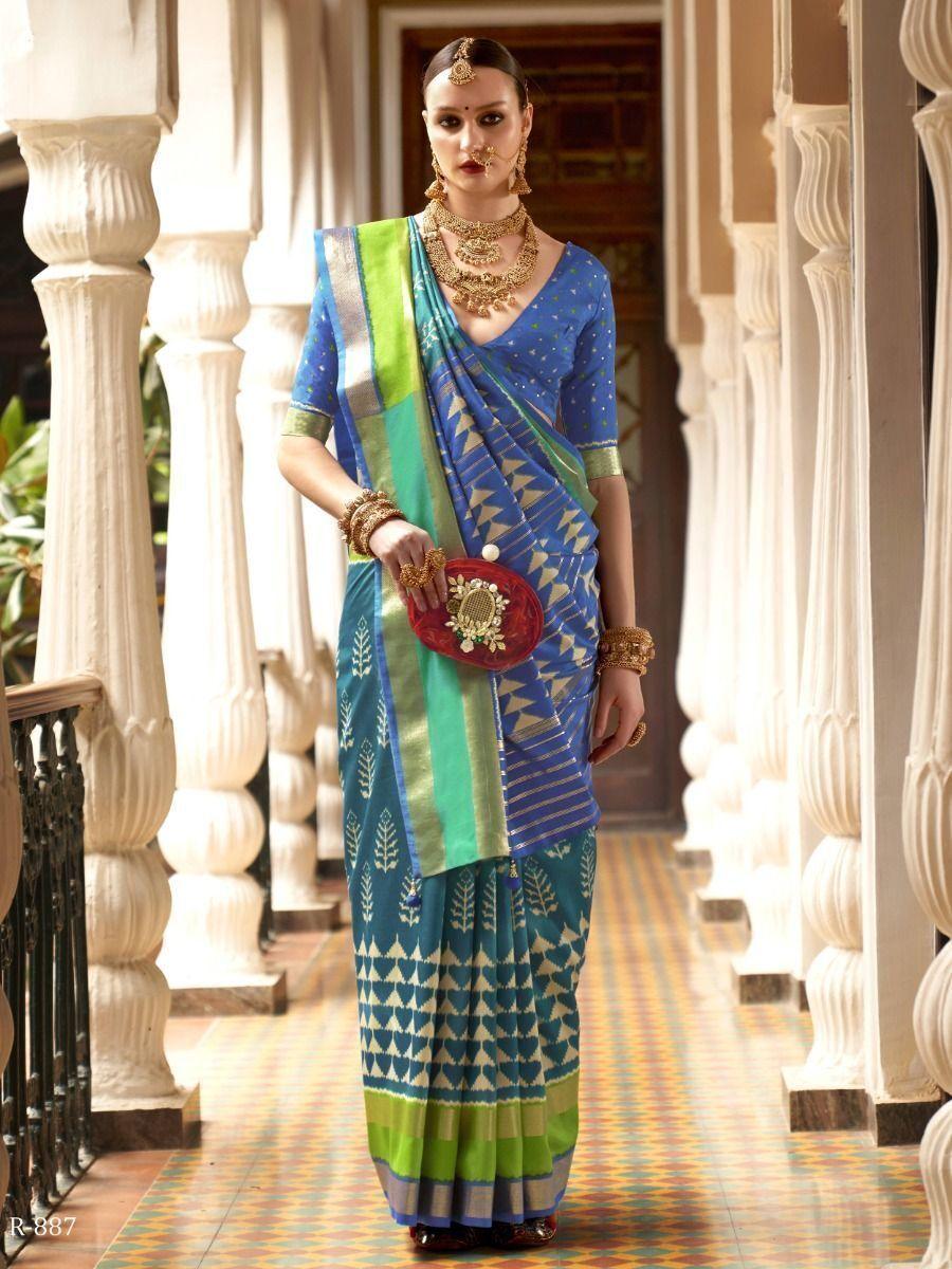 Ravishing Blue Digital Printed Patola Silk Occasion Wear Saree