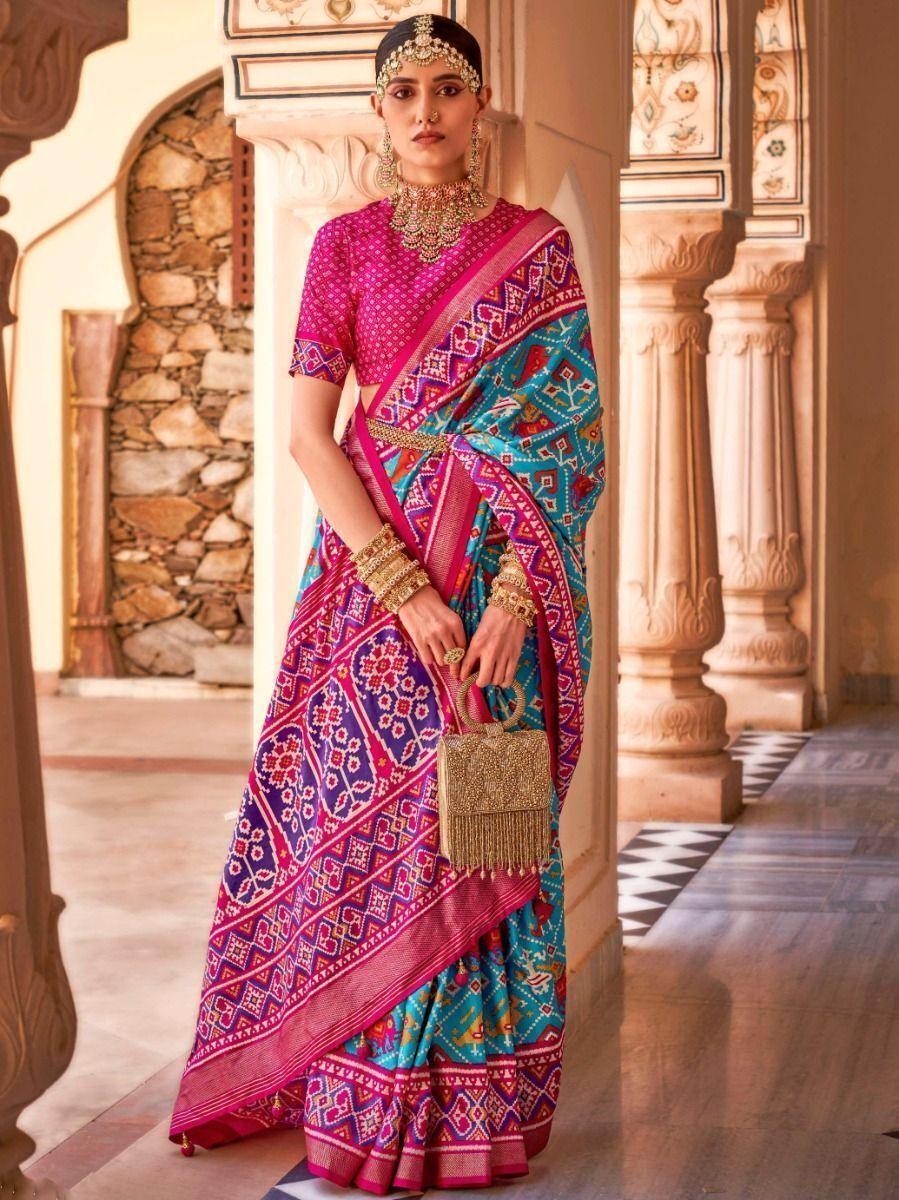 Captivating Sky-Blue Patola Printed Silk Traditional Saree With Blouse