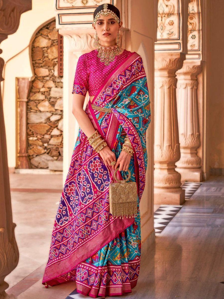 Captivating Sky-Blue Patola Printed Silk Traditional Saree With Blouse