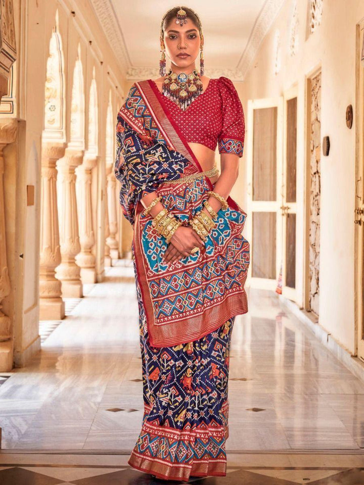 Beautiful Navy-Blue Patola Printed Silk Event Wear Saree With Blouse