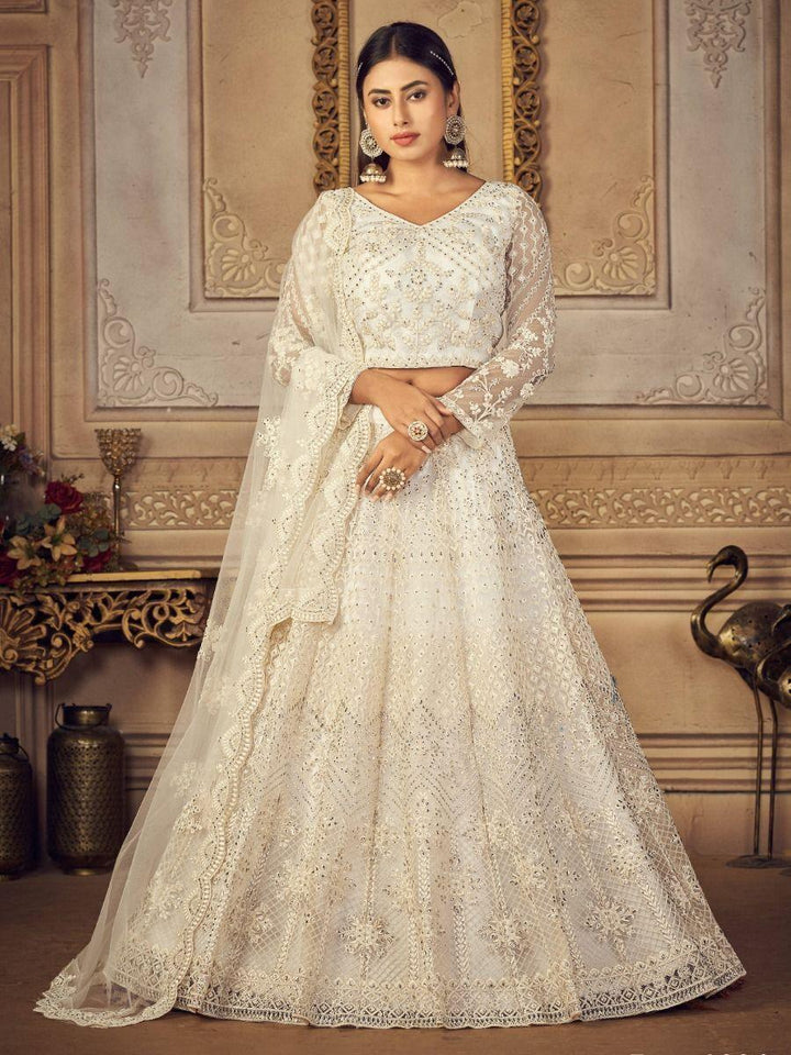 Fascinating White Embroidered Net Reception Wear Lehenga Choli