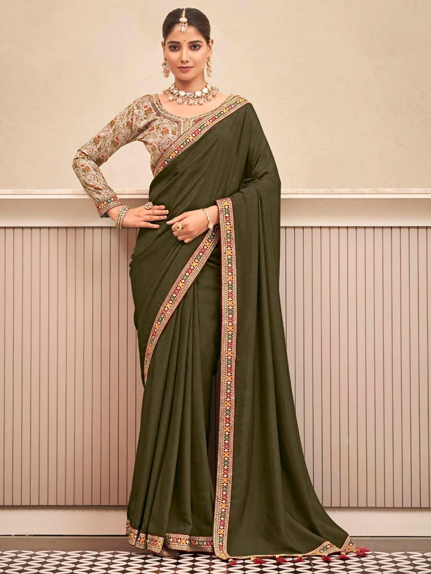 Excellent Olive Green Embroidered Border Vichitra Silk Saree With Blouse