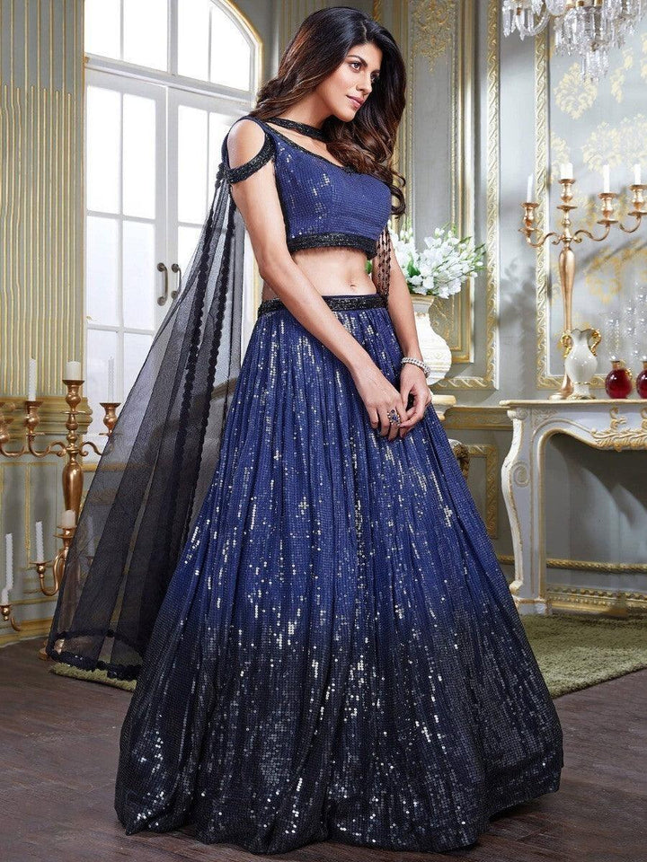 Awesome Navy-Blue Sequins Georgette Lehenga Choli With Dupatta