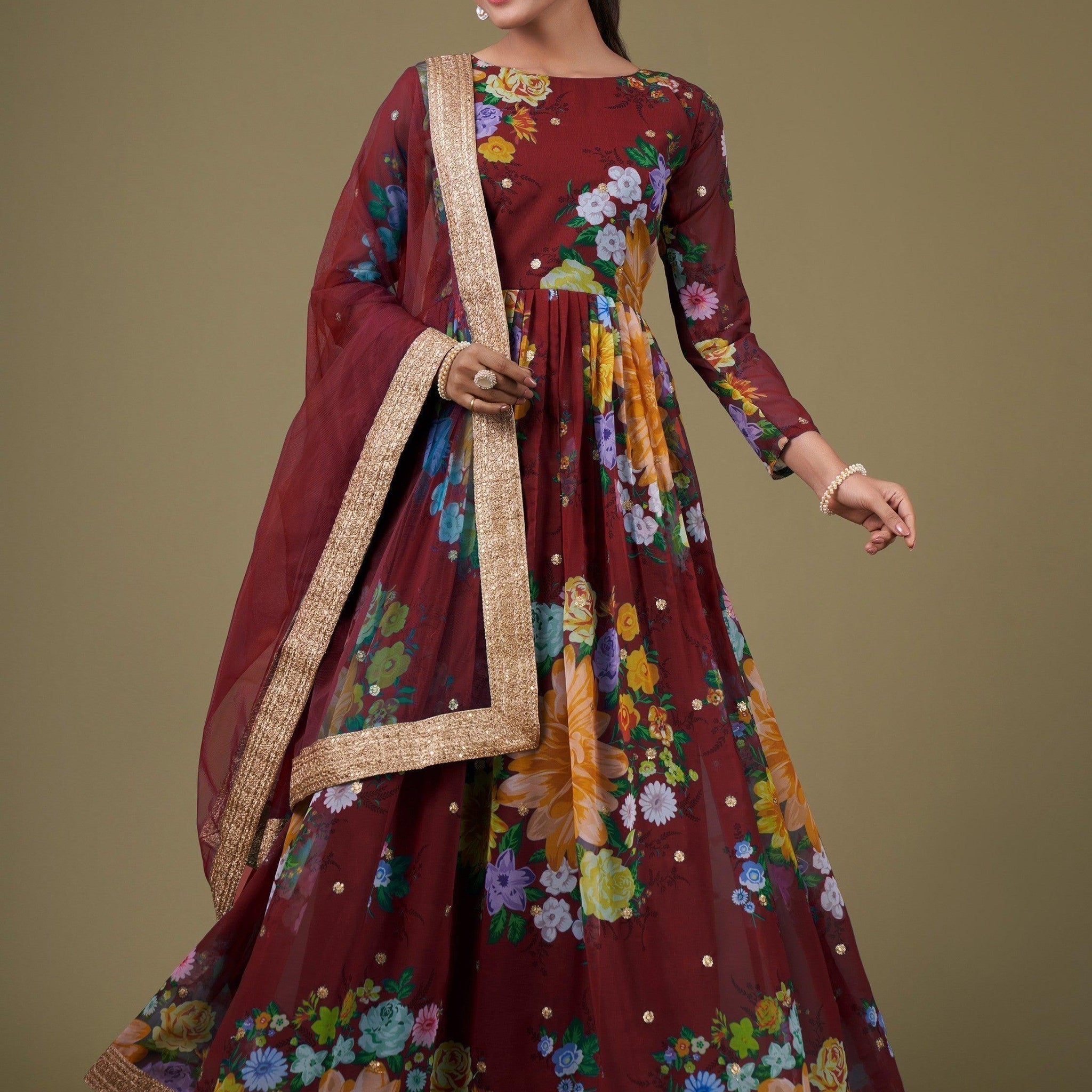 Lovely Maroon Floral Printed Georgette Festive Wear Gown With Dupatta