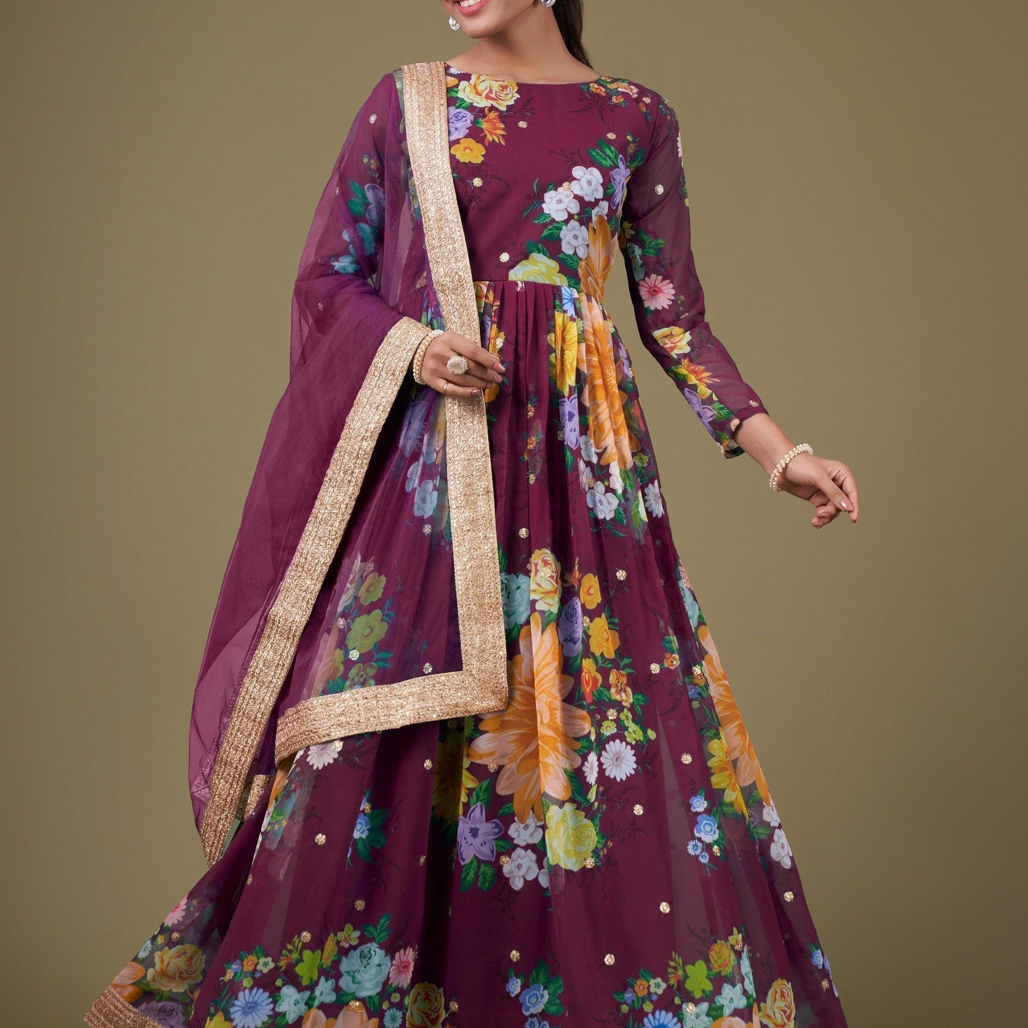 Alluring Purple Floral Printed Georgette Events Wear Gown With Dupatta