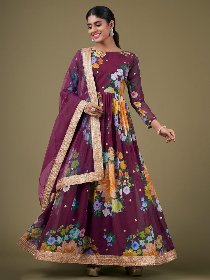 Alluring Purple Floral Printed Georgette Events Wear Gown With Dupatta