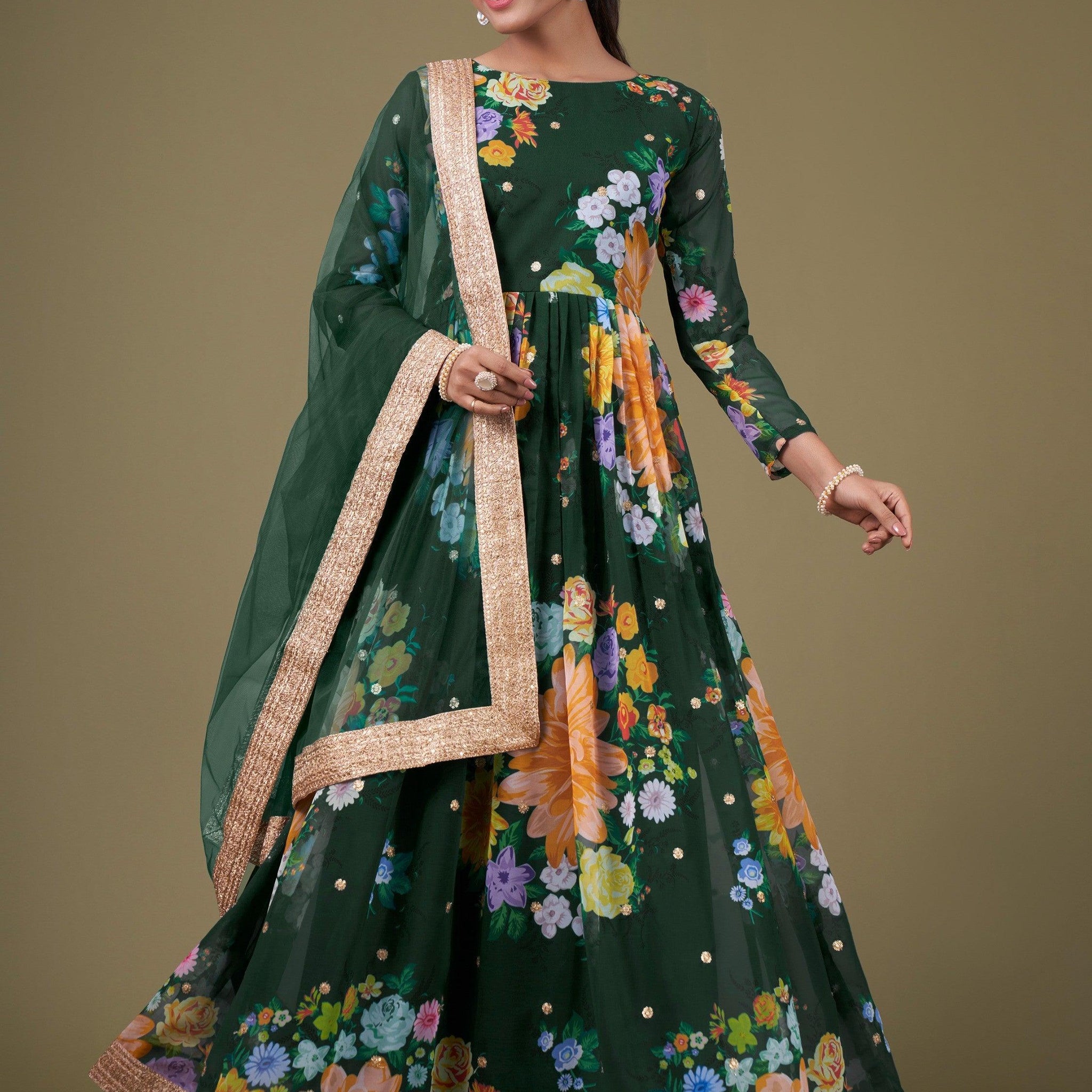 Ravishing Green Floral Printed Georgette Gown With Dupatta