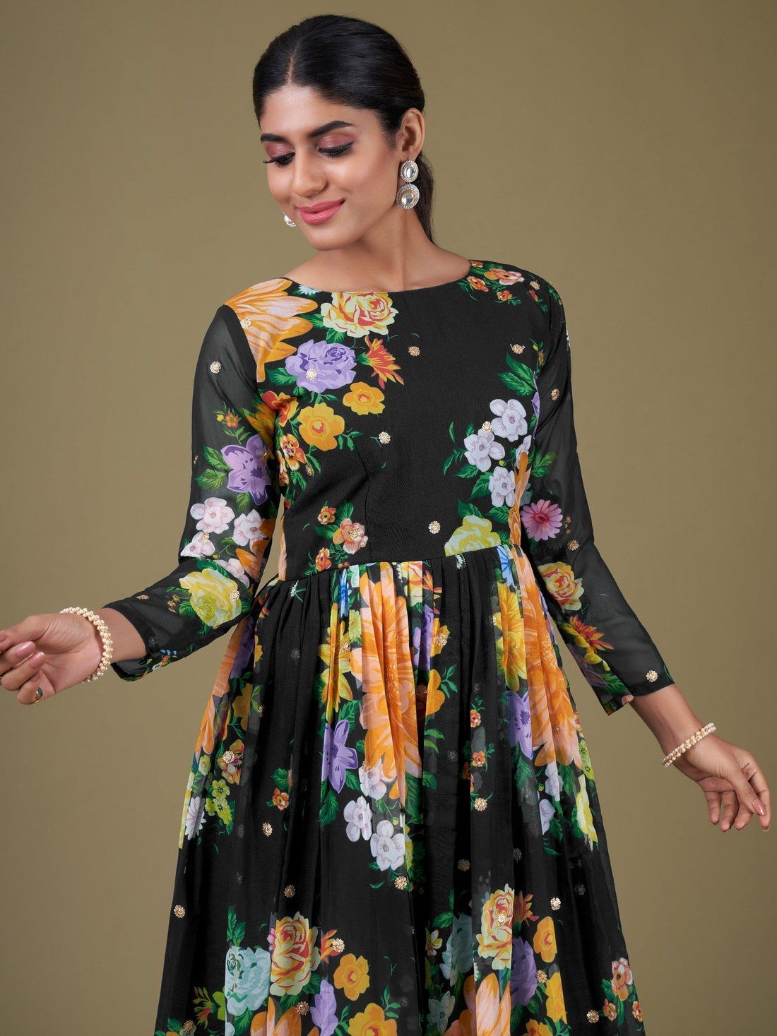 Attractive Black Floral Printed Georgette Gown With Dupatta