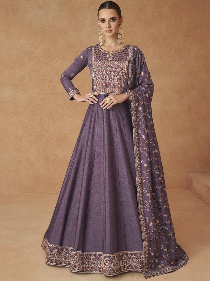 Gorgeous Purple Sequins Silk Wedding Wear Gown With Dupatta