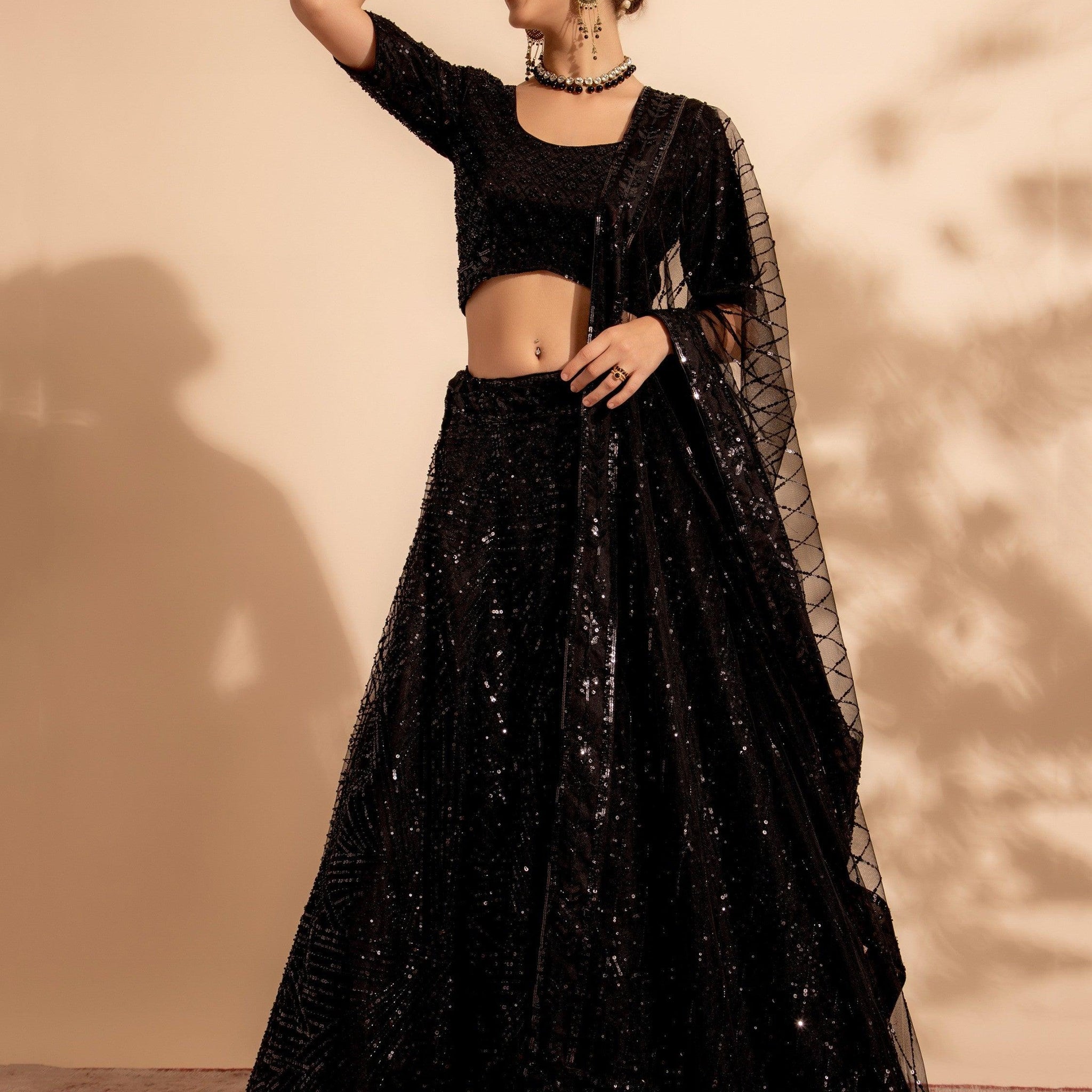 Seductive Black Sequins Net Party Wear Lehenga Choli With Dupatta