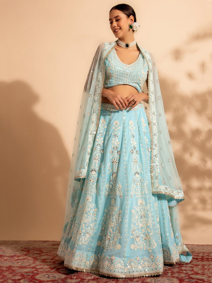 Fascinating Sky Blue Thread Georgette Reception Wear Lehenga Choli