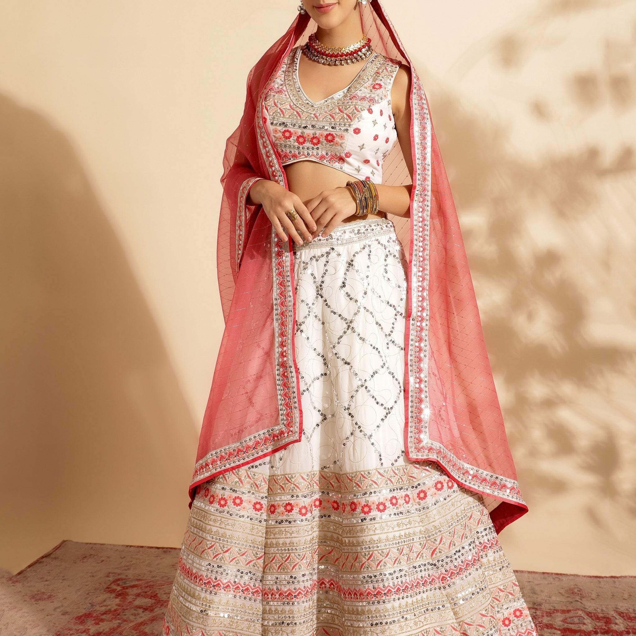 Tantalizing White Sequins Work Georgette Lehenga Choli With Dupatta