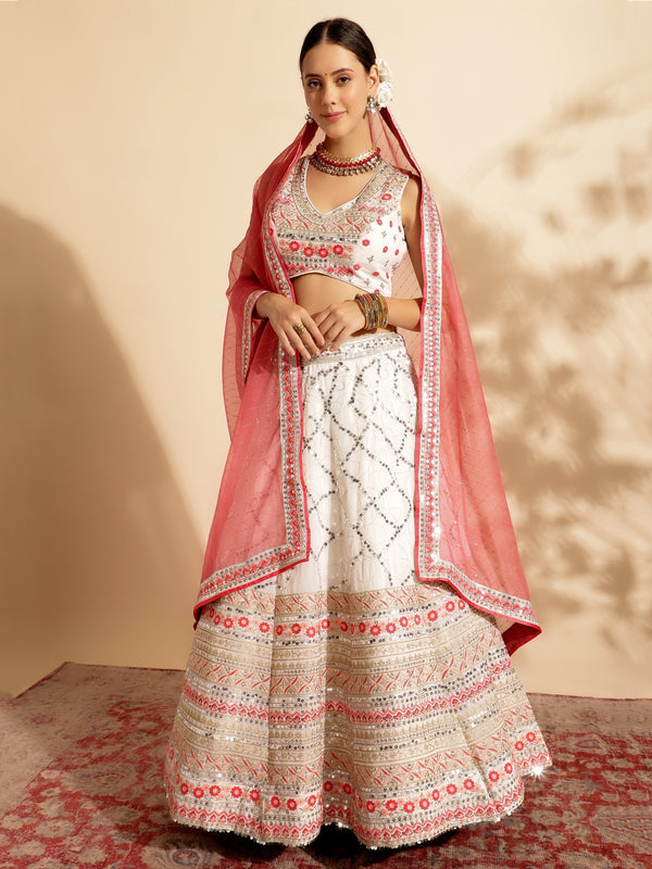 Tantalizing White Sequins Work Georgette Lehenga Choli With Dupatta