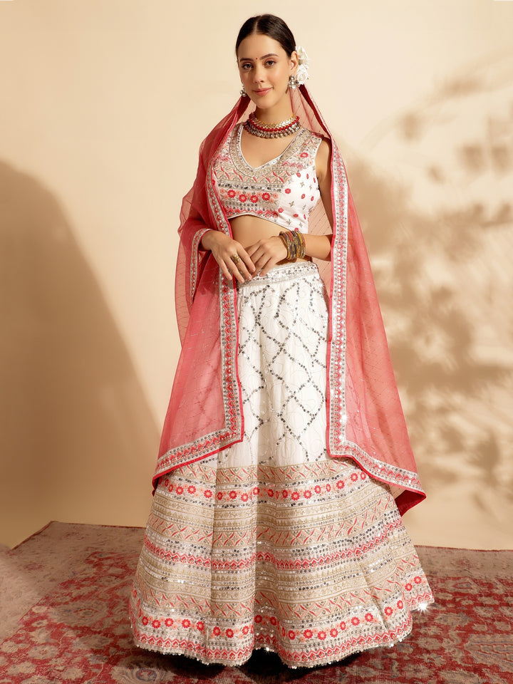Tantalizing White Sequins Work Georgette Lehenga Choli With Dupatta