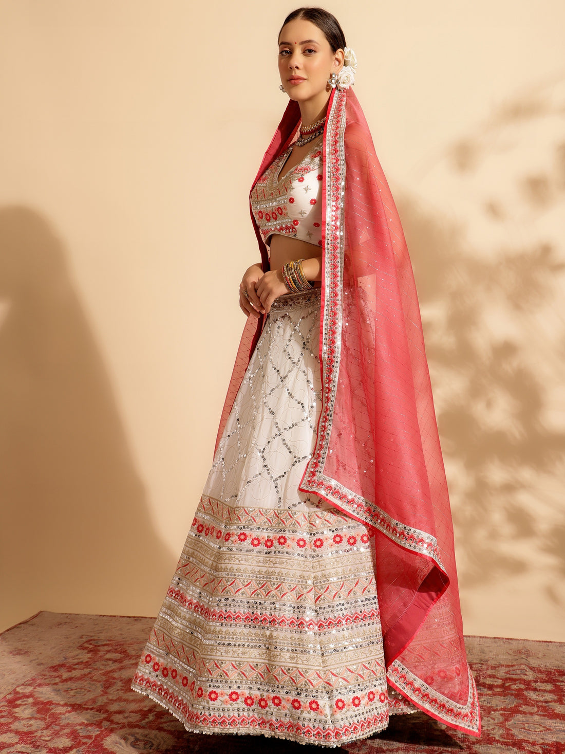 Tantalizing White Sequins Work Georgette Lehenga Choli With Dupatta