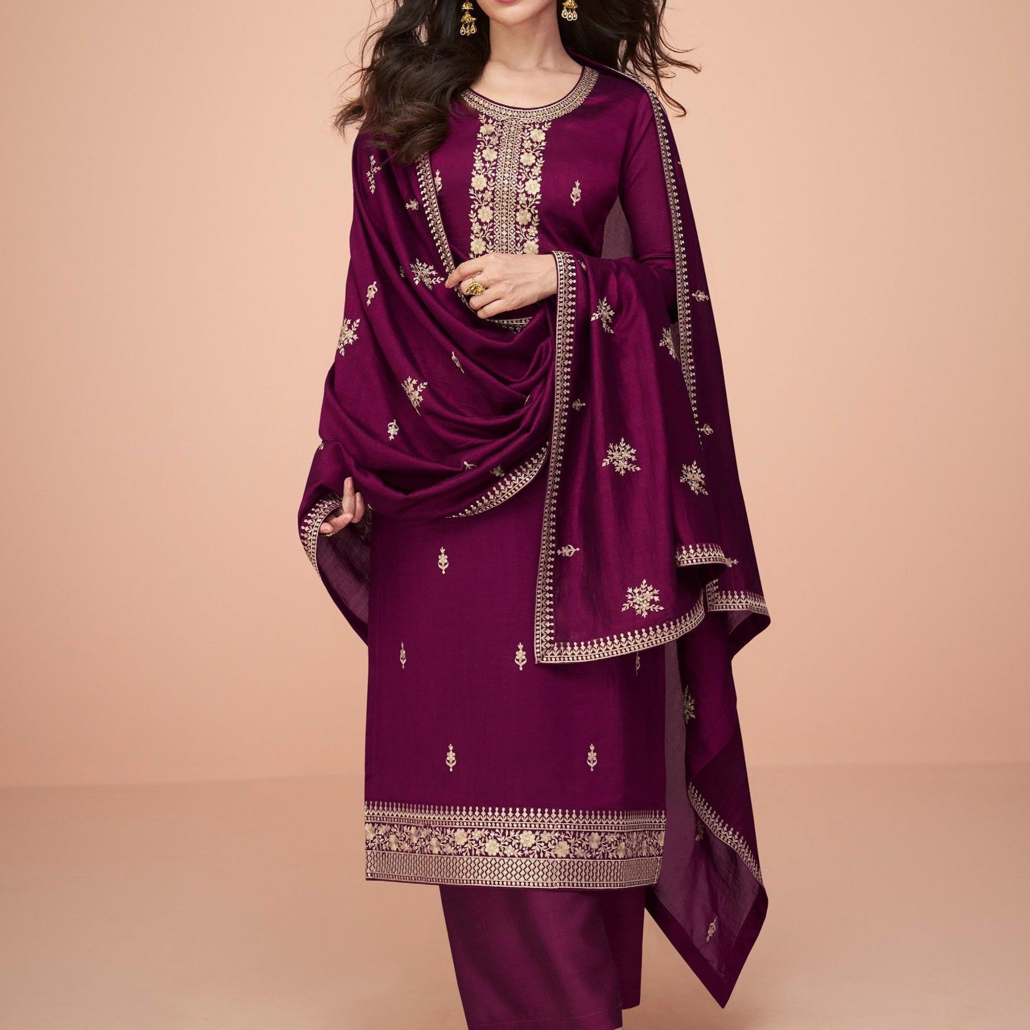 Lovely Wine Embroidered Silk Festive Wear Palazzo Suit With Dupatta