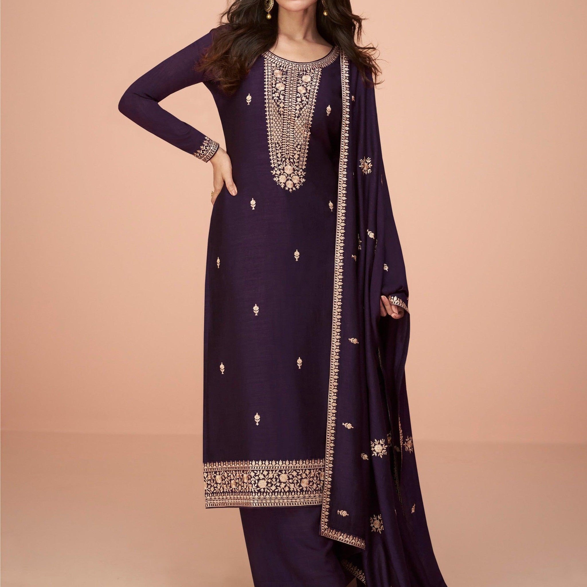 Stunning Purple Embroidered Silk Events Wear Palazzo Suit With Dupatta