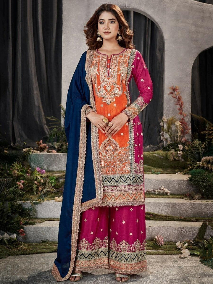 Ravishing Orange & Pink Sequins Chinon Palazzo Suit With Dupatta