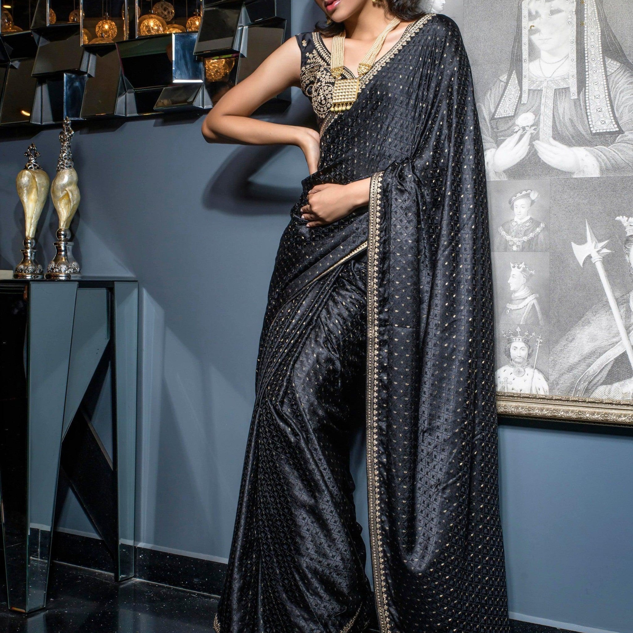 Exquisite Black Zari Weaving Satin Party Wear Saree With Blouse