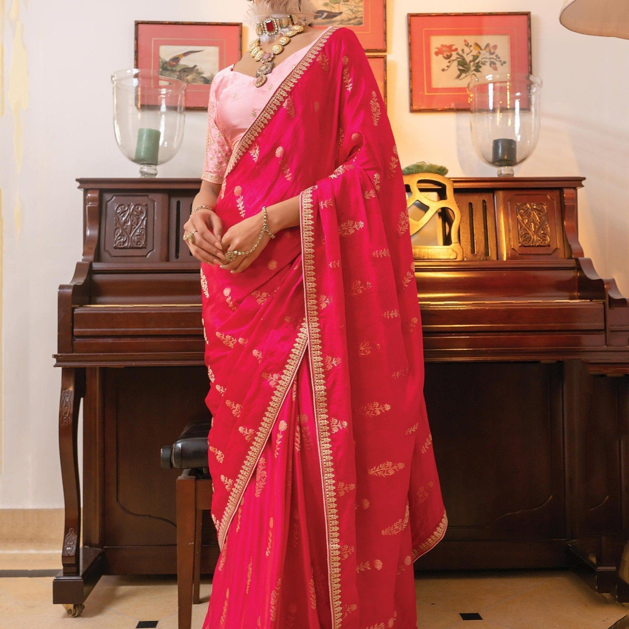 Lovely Pink Zari Weaving Satin Sangeet Wear Saree With Blouse