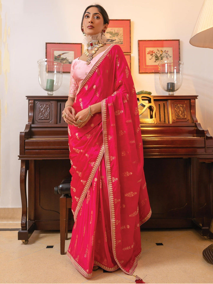 Lovely Pink Zari Weaving Satin Sangeet Wear Saree With Blouse