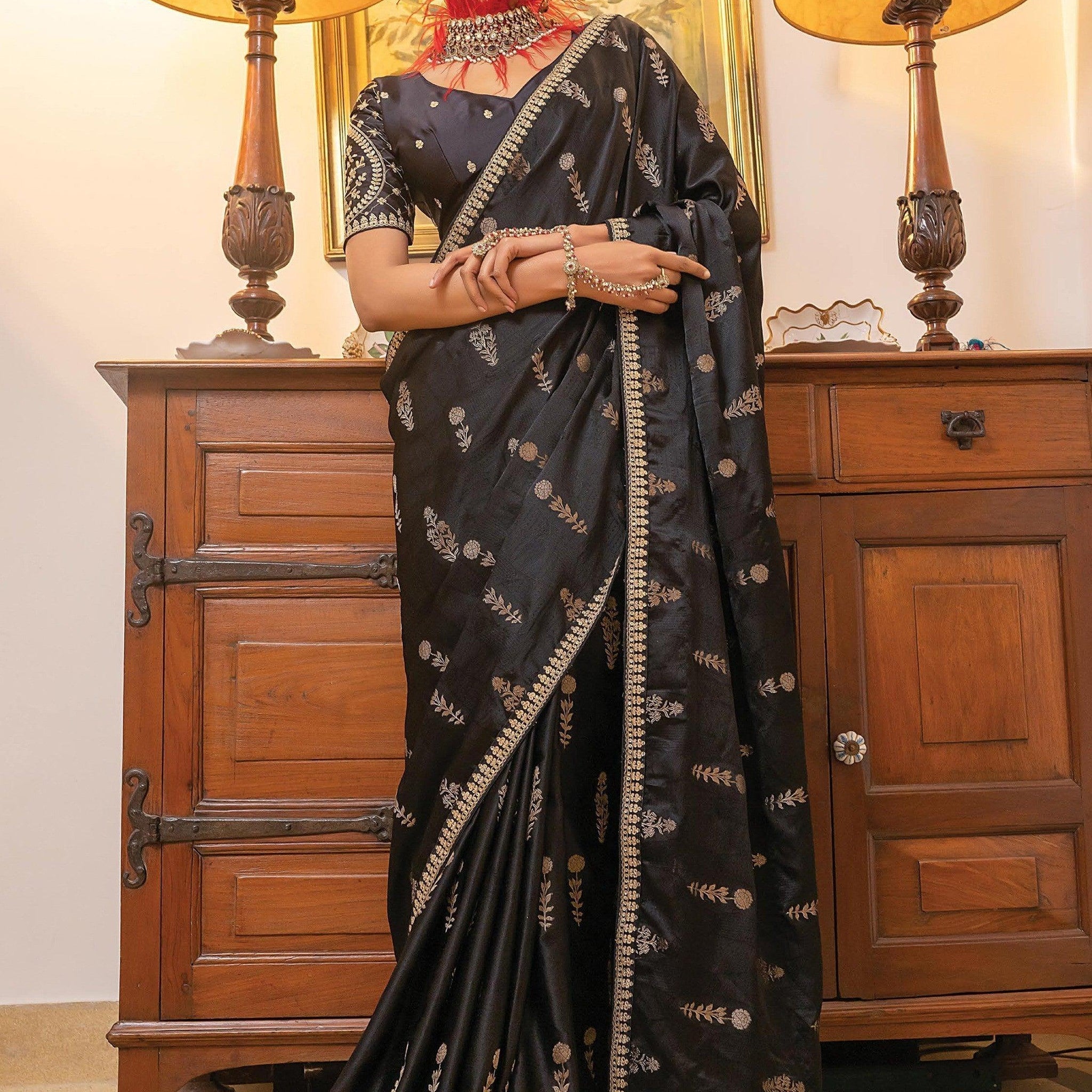 Awesome Black Zari Weaving Satin Party Wear Saree With Blouse