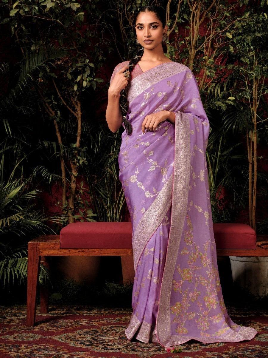 Lovely Lavender Zari Weaving Silk Reception Wear Saree With Blouse