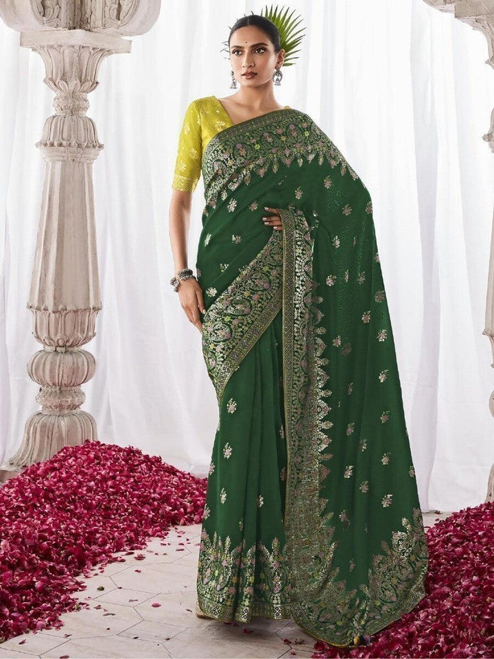 Wonderful Dark Green Zari Weaving Silk Wedding Wear Saree