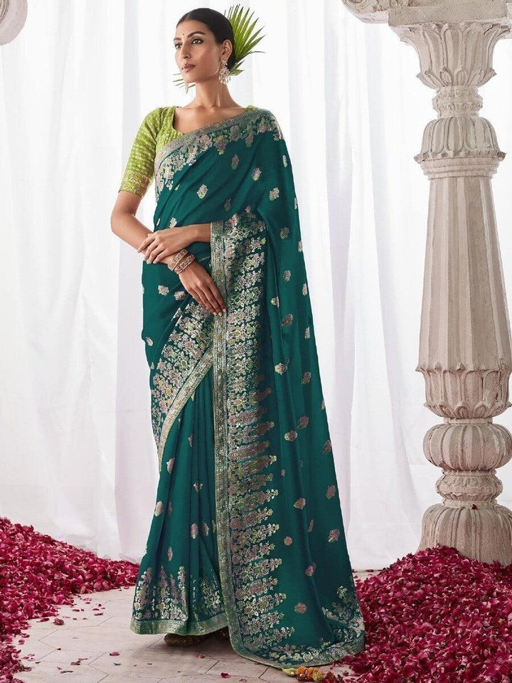 Attractive Teal Blue Zari Weaving Silk Reception Wear Saree