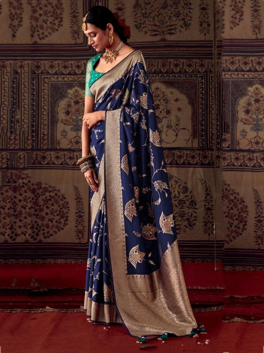 Excellent Navy Blue Zari Weaving Georgette Saree With Blouse