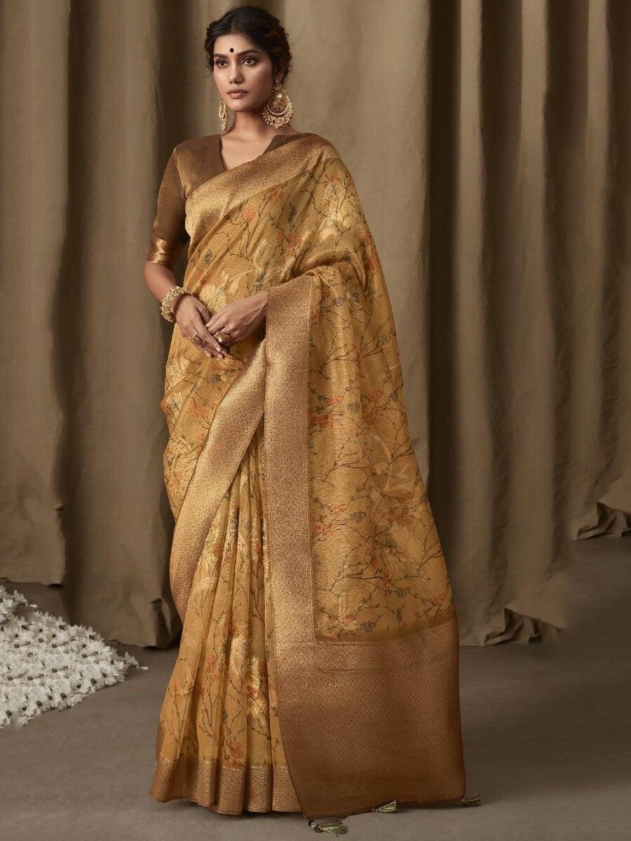 Ravishing Light Brown Floral Print Jacquard Saree With Blouse