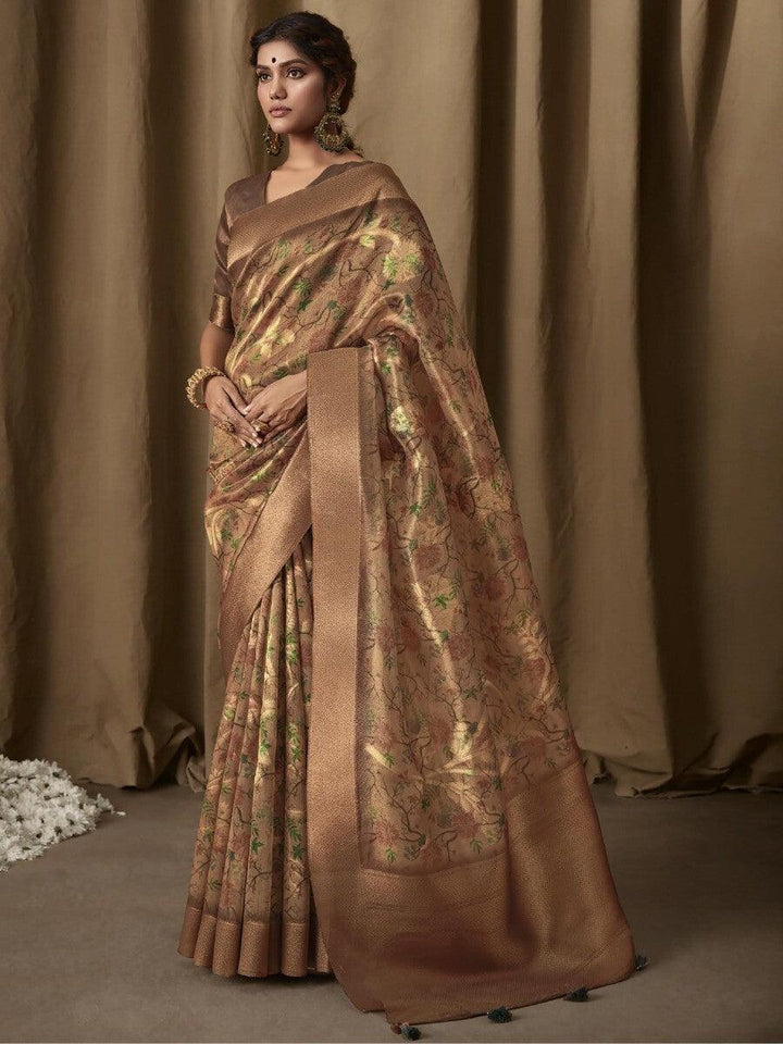 Outstanding Golden Floral Print Jacquard Wedding Wear Saree