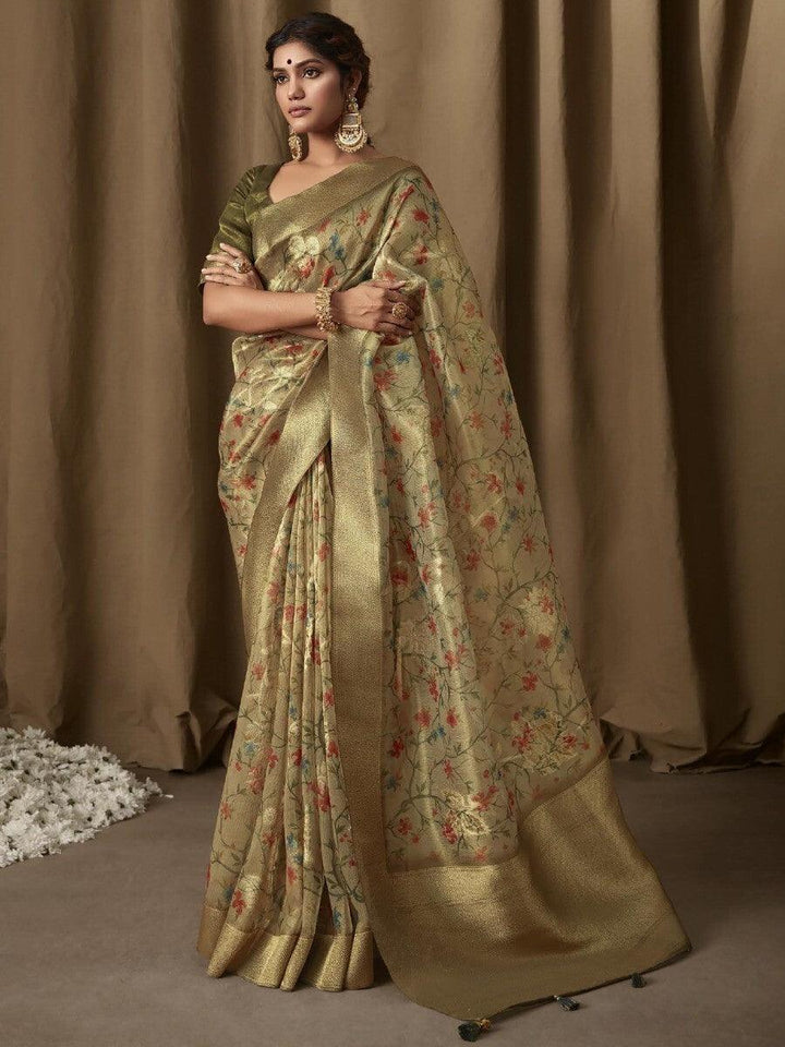 Amazing Light Green Floral Print Jacquard Saree With Blouse
