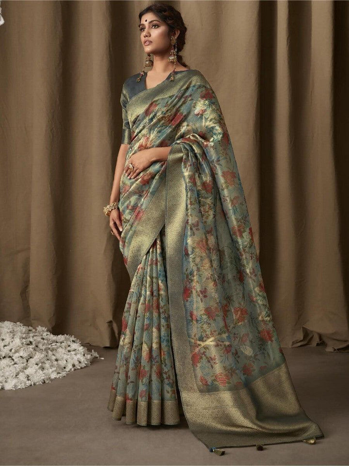 Adorable Blue Zari Weaving Jacquard Saree With Blouse