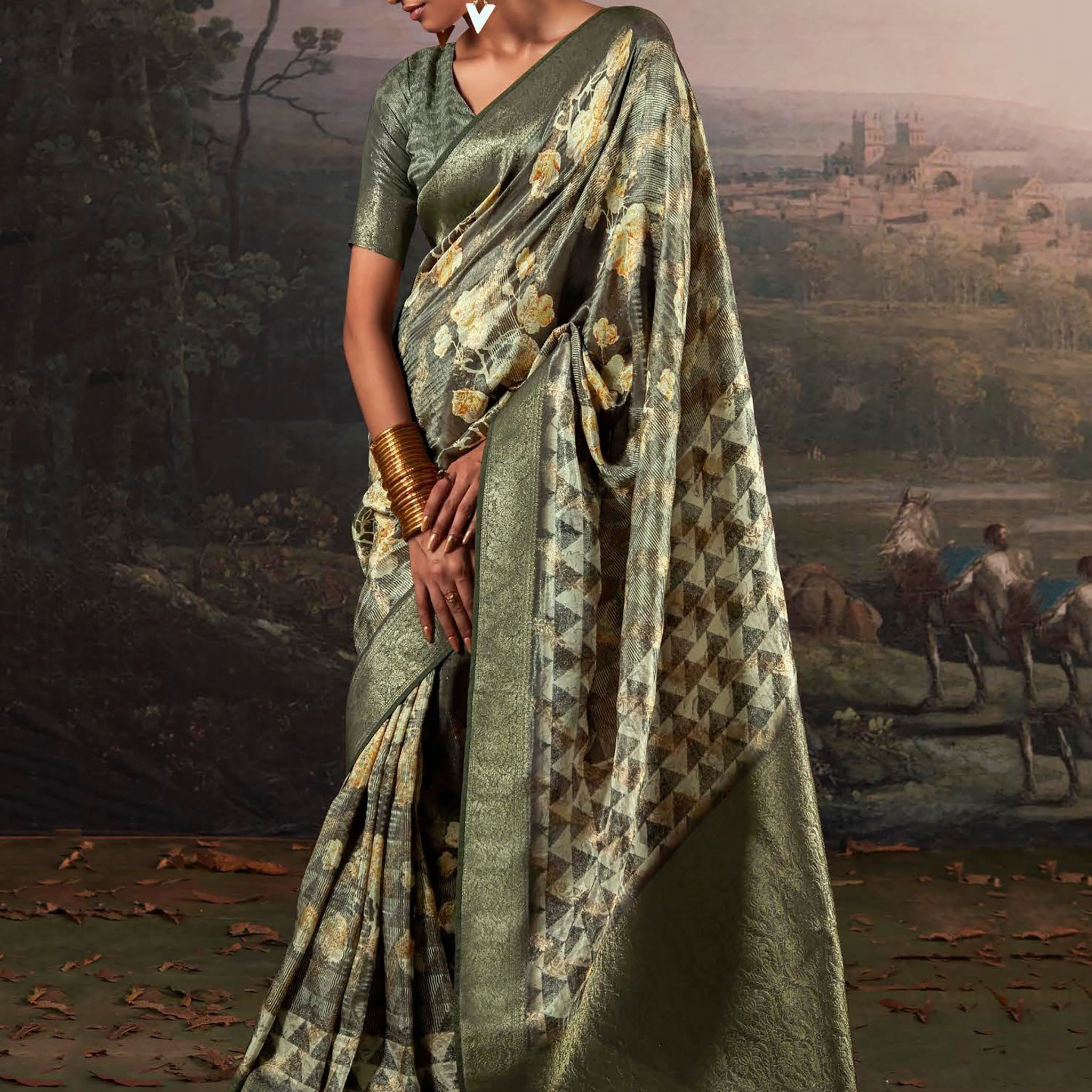 Delightful Dark Green Floral Printed Silk Mehendi Wear Saree