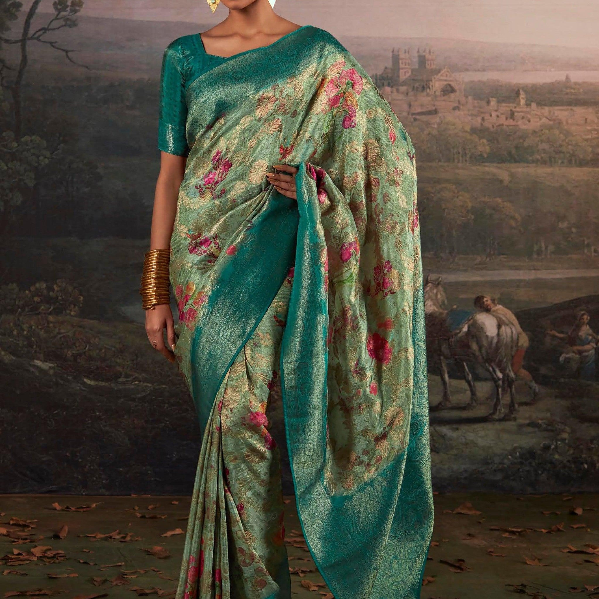 Ravishing Cyan Blue Floral Printed Silk Saree With Blouse