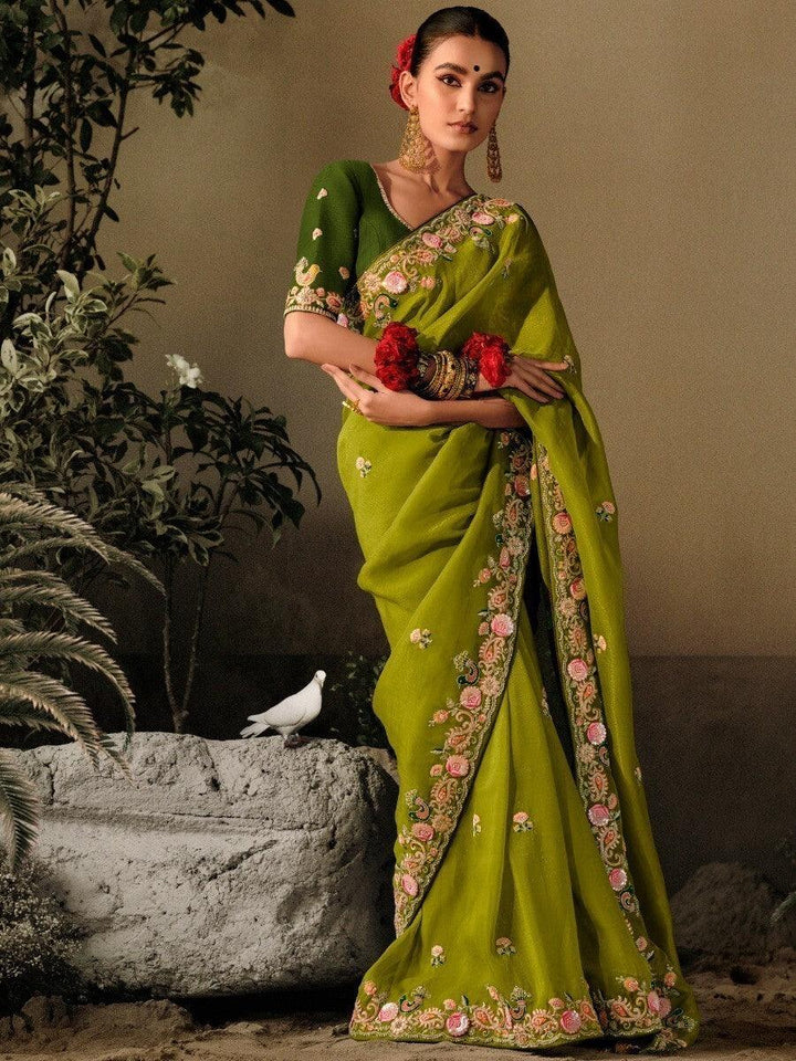 Superb Green Sequins Silk Mehendi Wear Saree With Blouse